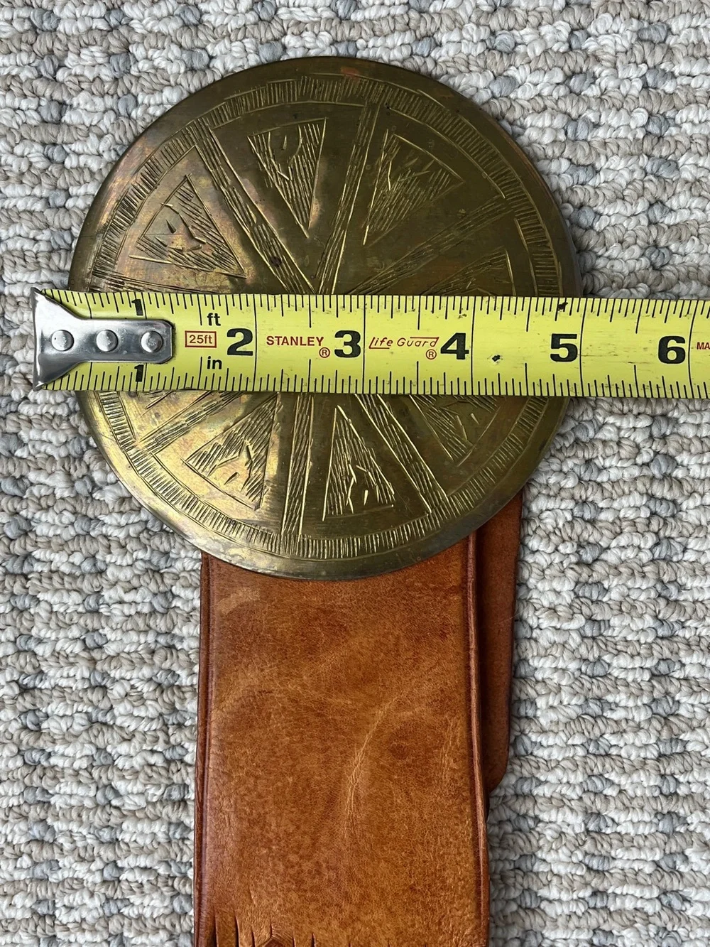 Vintage Moroccan Braided Brown Leather Belt with Large Etched Brass Buckle